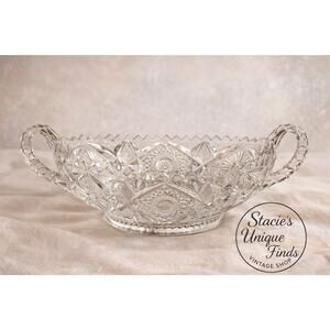 Vintage Japanese Cut Crystal Handled Bowl Starburst Pattern Glass